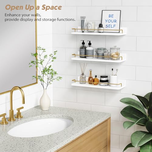 Forbena Gold Floating Shelves for Wall Decor Set of 3, Bathroom Shelves Over Toilet, Modern Display Wall Shelf with Guard Rail for Living Room Bedroom Organizers and Storage - White and Gold