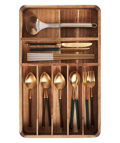 Silverware Drawer Organizer, Acacia Wood Tray for Cutlery & Flatware | Fixed 10.5" Wide, 7-Compartment Utensil Holder for Forks & Spoons