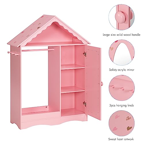 UTEX Dollhouse Kids Dress Up Wardrobe with Storage Cabinet and Mirror | Open Hanging Costume Organizer, Kids Wardrobe Closet, Water-based Paint for Kids Room, Playroom, Pink