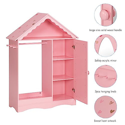 UTEX Dollhouse Kids Dress Up Wardrobe with Storage Cabinet and Mirror | Open Hanging Costume Organizer, Kids Wardrobe Closet, Water-based Paint for Kids Room, Playroom, Pink