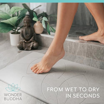 Wonder Buddah Diatomaceous Earth Bath Mat, Lotus | Quick-dry, antimicrobial, non-slip backing pad, millions of micro-pores, 5.9 lb, sanding tool incl.