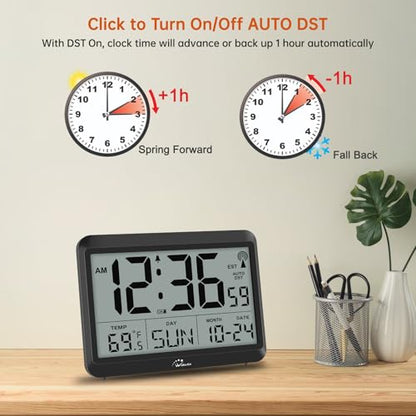Self-Setting Atomic Digital Wall Clock with Auto DST | Battery Operated, Large Display with Temperature, Date and Day, 4 Time Zones, Wall Mount/Desktop Clock for Classroom, Office