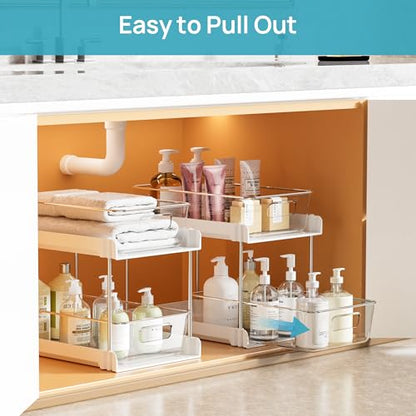 Vtopmart 4 Pack Pull Out Bathroom Under Sink Organizer (S-Standard, White) | Slide-out drawers, Multi-purpose storage, Clear visibility, Easy Set-up
