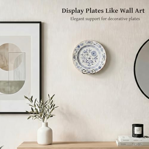 LIONWEI LIONWELI Wall Mount Plate Display Stands - 2 Pack Black Iron Easel Holders - Vertical Wall Hangers for Decorative Plates, Picture Frames, Art