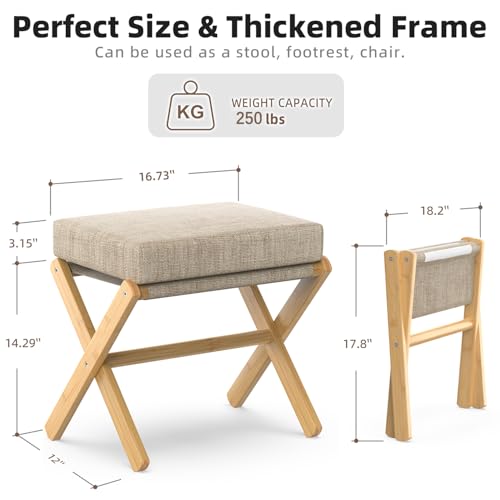 Foldable Foot Stool Ottoman, Modern Foot Rest with Bamboo X Legs & Thick Foam Cushion, Folding Foot Stools Small Padded for Bedroom Living Room, Footstool for Chair Couch (Natural - Brown)