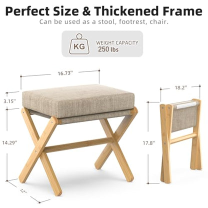 Foldable Foot Stool Ottoman, Modern Foot Rest with Bamboo X Legs & Thick Foam Cushion, Folding Foot Stools Small Padded for Bedroom Living Room, Footstool for Chair Couch (Natural - Brown)