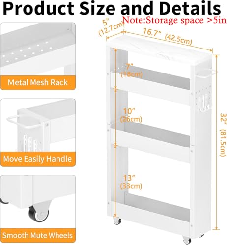 XYZLVSI Slim Storage Cart, 4 Tier Narrow Kitchen Rolling Cart with Wheels | 5.1" W narrow shelf for small spaces, 13" bottom metal utility cart with handle for bathroom/laundry, skinny storage cart