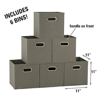 Household Essentials Fabric Storage Bins in Strong Poly‑Woven Fabric, Sturdy Chipboard Sides, Grommet Front Handle, Dove Gray Finish, Set of 6