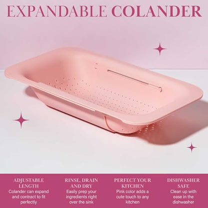 Paris Hilton Over the Sink Expandable Colander, Extendable Strainer, Adjustable from 14.5 inches to 19.5 inches, Fits most kitchen sinks, Made without BPA, Pink