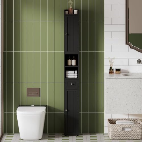 ChooChoo Narrow Bathroom Storage Cabinet with Adjustable Shelves and Drawer | Tall Slim Storage Cabinet, Freestanding Cupboard for Small Spaces, Black