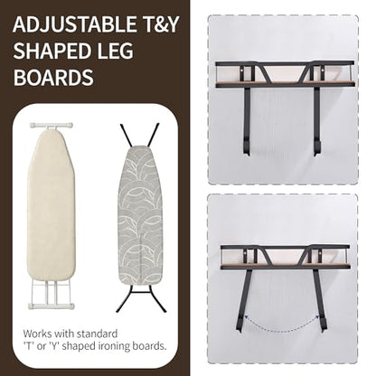Ironing Board Holder Wall Mounted, 2-Layer Sturdy Iron and Ironing Board Hanger with Wood Shelf, Space Saving Laundry Room Organization for Iron, Board & Accessories