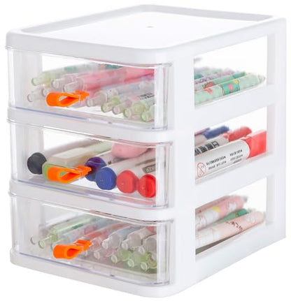 Gagee 3 Drawer Mini Desktop Unit, Clear/White Frame | Plastic Dressers with Drawers, For Arts and Crafts, Small Tools Storage, Sewing Accessories, Stationary and Hardware