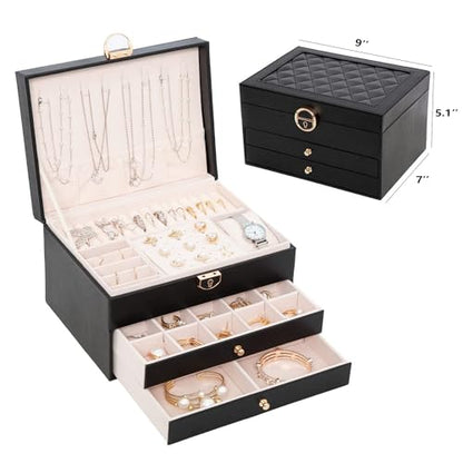 Jewelry Box for Women Girl Wife 3 Layers Large PU... (Black | Metal)