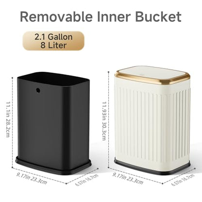 TIPGO Bathroom Trash Can with Lid, 2.1 Gallon / 8 Liter Small Garbage Can, Press Top Bin, Stainless Steel Wastebasket with Pop-Up Lid for Bedroom, Living Room, Office (Cream)