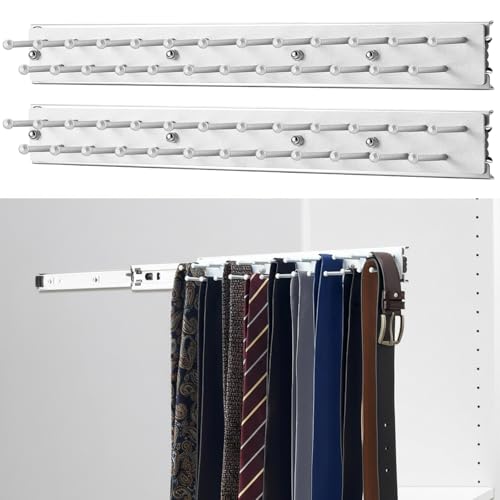 Blulu 2 Pcs 13.8'' Sliding Tie Rack Hangers for Closet, 25 Tie Each, Silver | Includes 2 Silver 13.8 Inch Metal Racks with 25 Hooks Each and 12 Screws; Full-extension Ball-bearing Slides for Easy Access
