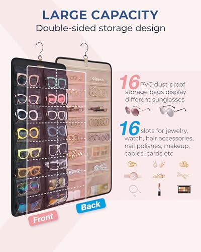 BAGSMART Hanging Jewelry Organizer, Dust Proof Sunglasses Storage Case Wall Mounted, Travel Dual Sided Glasses Case Multiple Pairs, Eyeglasses Holder with 32 Clear Slots & Metal Hook, Black