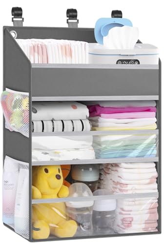 Hanging Diaper Caddy Organizer Crib Organizer–Spacious Baby Girl/Boy Nursery Storage Organizer for Changing Table, Playpen/Wall- Hold 90+ Diaper (Grey)