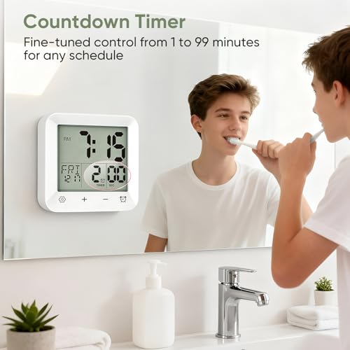 Bathroom Clock Waterproof Shower Timer, Digital Wall Clock with Countdown, Touch Screen, LCD Display, Temperature, Suction Cup/Hanging Hole/Stand, Spa Sauna I White