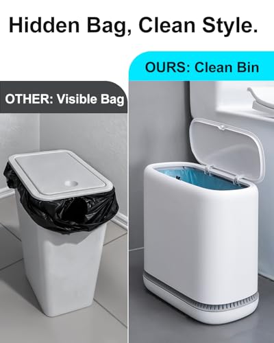 2.3 Gallon Slim Small Bathroom Trash Can with Lid, White Dog Proof Garbage Can with Air-Press Bag Expander & Removable Bucket, Narrow Bathroom Waste Basket for Bedroom, Office, Dorm
