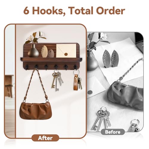 Key Holder for Wall, Mail Organizer Wall Mount with 6 Hooks Wooden Hanging Key Rack for Home Decor, Hallway, Entryway (Brown)