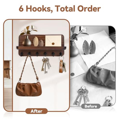 Key Holder for Wall, Mail Organizer Wall Mount with 6 Hooks Wooden Hanging Key Rack for Home Decor, Hallway, Entryway (Brown)
