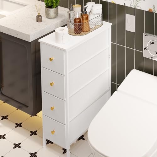 Fixwal Narrow Storage Cabinet, Small Dresser with 4 Drawers, Slim Fabric Nightstand for Small Spaces, White Dresser for Bathroom, Dorm, Bedroom, Laundry, Closet