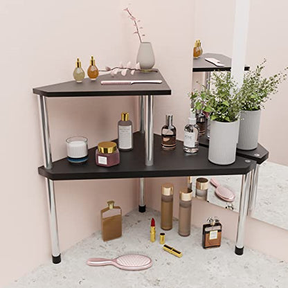 Weenson Bathroom Counter Organizer Over Sink for Toiletries, Makeup, Kitchen Countertop Organizer Spice Rack for Salt, 2-Tier Corner Counter Shelf for Coffee Area Storage Dresser Table(Black)