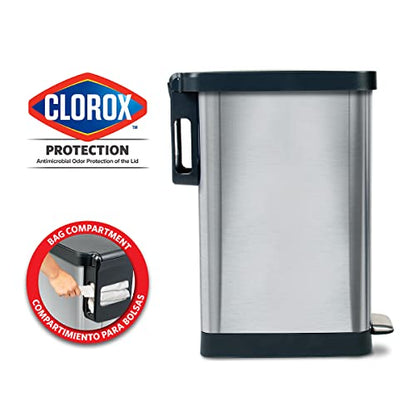 Glad Slim Trash Can with Clorox Odor Protection - Narrow Kitchen Garbage Bin with Soft Close Lid, Step On Foot Pedal and Waste Bag Roll Holder, Stainless Steel, 12 Gallon/45 Liter