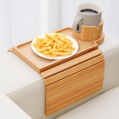 Couch Cup Holder Tray,Large Bamboo Couch Armrest Table with Cup Holder,Foldable Anti-Slip Sofa Arm Tray for Coffee Cup,Water Bottles,Mug,Snacks,Remote