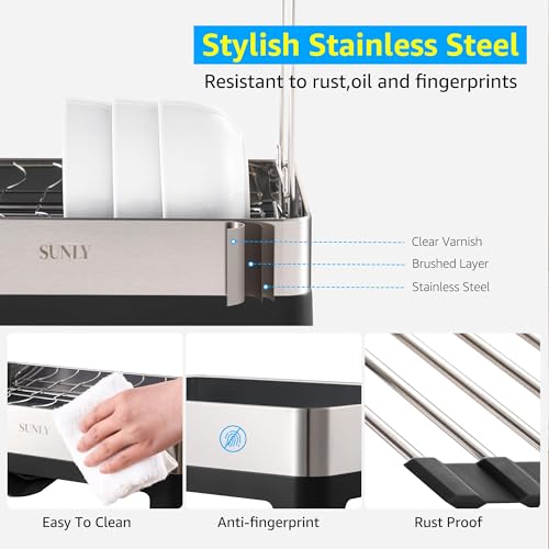 2 Tier Dish Drying Rack, Extra Large Dish Rack, Multifunctional Large Dish Drainers for Kitchen Counter, 304 Stainless Steel Kitchen Drying Rack, Bowl Drying Rack, Extendable Drain Spout, Black