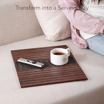 DETOR Couch Arm Tray with Retro Cork Pad, Brown-Stained Bamboo Finish | Enhanced Non-Slip Bottom, Sturdy Bamboo Slats, Fits Armrests 4.6" and Wider