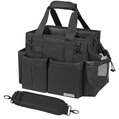 SCAVATA Compact Wearable Cleaning Caddy with Handle & Shoulder Straps | Small Cleaning Supplies Organizer, Under Sink & Car Cleaning Tools Storage Bag for Housekeepers Cleaners, Black