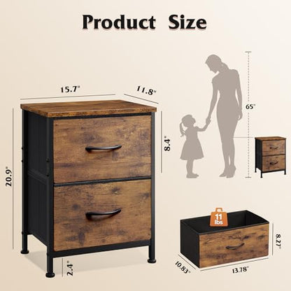 WLIVE Night Stand, Small Dresser with 2 Drawers & Wooden Top, Nightstand with Fabric Bins, Bedside Table End Table for Bedroom, Closet, Entryway, College Dorm, Rustic Brown | Nightstand with Fabric Bins, Bedside Table End Table for Bedroom, Kids Room