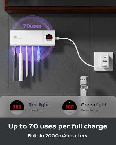 Toothbrush Holder for Bathroom Wall Mounted, Rechargeable - White | EPA Certified; 300s Smart Timer; 2000mAh Battery; LCD Working Display; Holds 5 Toothbrushes; Easy Wall Mount