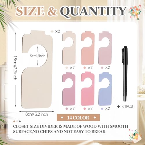 Patelai 14 Pcs Blank Wooden Clothing Rack Divider with Marker Pen Closet Blank Organizers Hanger Separators Hanging Closet Divider for Home Nursery Clothes(Macaron Color,Tab Top)