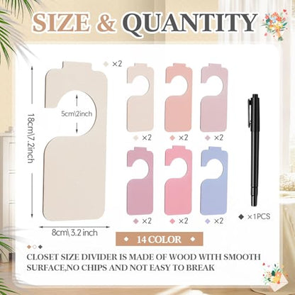 Patelai 14 Pcs Blank Wooden Clothing Rack Divider with Marker Pen Closet Blank Organizers Hanger Separators Hanging Closet Divider for Home Nursery Clothes(Macaron Color,Tab Top)