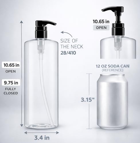 Bar5F Empty Pump Bottles 32 oz. (1-Liter) BPA-Free Crystal-Clear USA 2-Pack | Large Refillable Containers for Shampoo, Conditioner, Body Wash, Lotion, Gel, Laundry Detergent, Hand Soap