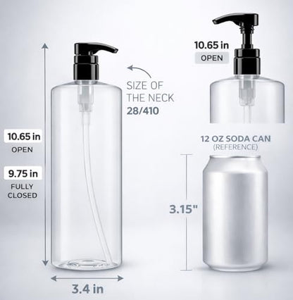 Bar5F Empty Pump Bottles 32 oz. (1-Liter) BPA-Free Crystal-Clear USA 2-Pack | Large Refillable Containers for Shampoo, Conditioner, Body Wash, Lotion, Gel, Laundry Detergent, Hand Soap