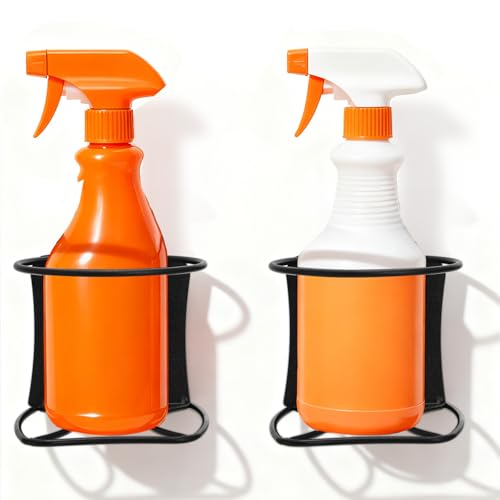 Okllen 4 Pack Spray Bottle Holder, Heavy Duty Metal Wall Mount Spray Can Holder for Garage, Workshop, Craft & Kitchen Bottle Storage Rack, Easy Install with Hardware, Black