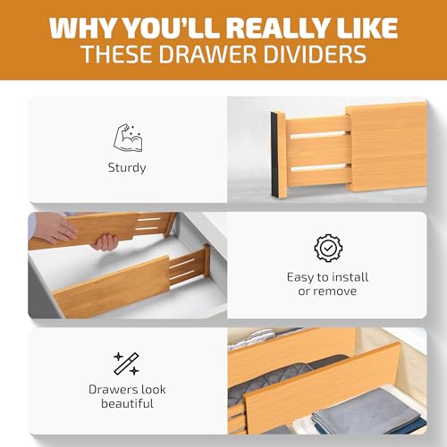 6-Pack Drawer Dividers 6-Inch High Dresser Drawer Organizer 11.5 to 17 Inch | Bamboo, Spring Loaded, No Tools Needed, for Clothes, Utensils, Socks and Deep Drawers in Bedroom, Bathroom, Kitchen, Office