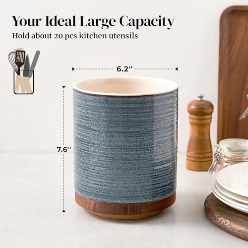 DOWAN 360° Rotating Extra Large Cooking Utensil Holder, 7.6" Kitchen Utensil Holder for Countertop, Utensil Crock for Farmhouse Kitchen Decor, Ceramic Stable Utensil Caddy, Blue