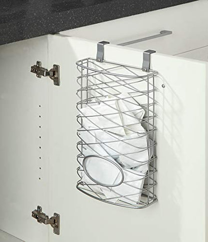 SunnyPoint Over Cabinet Kitchen Storage Organizer Holder or Basket - Hang Over Cabinet Doors in Kitchen/Pantry - Holds up to 50 Plastic Shopping Bags (SILVER)