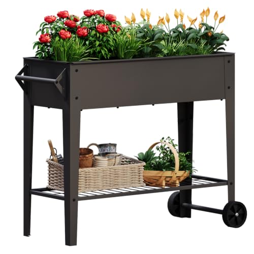 Mobile Raised Garden Bed with Legs and Wheels Meta... (Black | Iron)