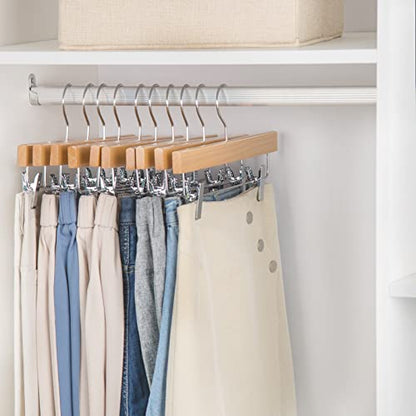 Nature Smile Wooden Pants Skirt Hangers with Clips, Natural, Pack of 10 | Lotus Wood Bottom Jeans Skirt Hanger with Anti Rust Hook