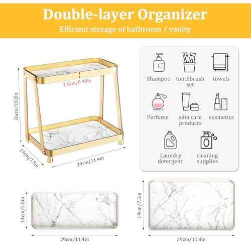 2-Tier Acrylic Bathroom Vanity Organizer, Gold | Bathroom Counter Storage Shelf with Marble-Look Tray, Holds Cosmetics, Perfume, Makeup & Skincare Products