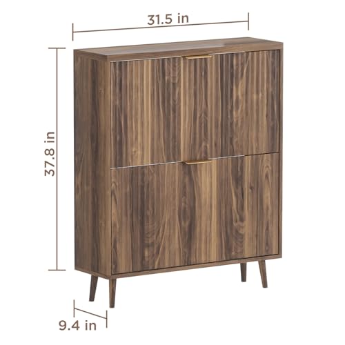 Shoe Cabinet Storage, Modern Freestanding Organizer with 2 Flip Drawers, Narrow Shoe Rack for Entryway, Walnut