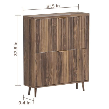 Shoe Cabinet Storage, Modern Freestanding Organizer with 2 Flip Drawers, Narrow Shoe Rack for Entryway, Walnut