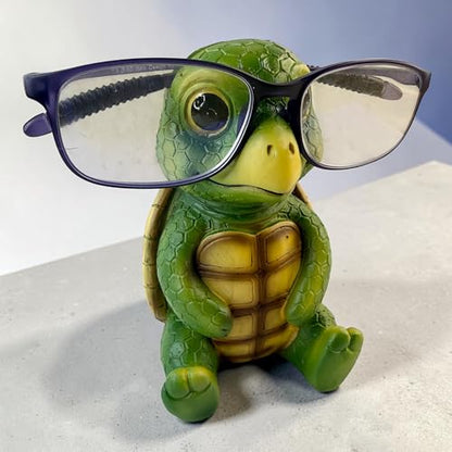 Baby Turtle Eyeglasses Holder Stand – “Shelldon” Funny & Cute Glasses Holder for Desk, Nightstand or Office – Resin Eyewear Organizer for Reading Glasses, Sunglasses & Prescription Frames – Fun Turtle Figurine Decor