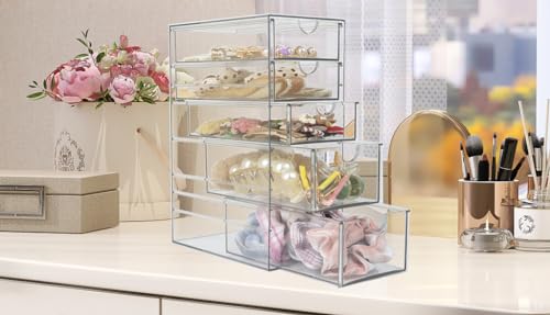 Plastic Drawer Storage with 5 Different Sizes Drawers, Clear Light Gray Hair Accessories Organizer, Transparent Dresser Bathroom Organizer