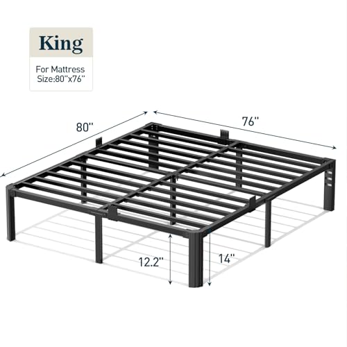 King Size Bed Frame,14 Inch 3500LBS Heavy Duty Metal Platform No-Squeaking | Headboard Compatible, No Box Spring Needed, Mattress Retainer, Round Corner Legs, Under-bed Storage, Easy Set-up,For Bedroom